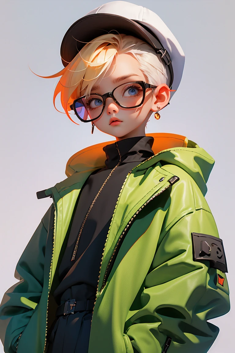Blind Box,Simple Background,Extraordinary wide portrait of microscopic unknown little small クール cyberpunk alien species over orange tech style of high tech fashion professional photography, 8K, White Blonde Hair,Shaved head,Boy with futuristic glasses,Black jacket,Crouching,Wearing a black hat