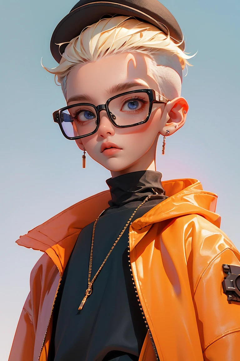 Blind Box,Simple Background,Extraordinary wide portrait of microscopic unknown little small クール cyberpunk alien species over orange tech style of high tech fashion professional photography, 8K, White Blonde Hair，Shaved head,Boy with futuristic glasses，Black jacket，Crouching，Wearing a black hat
