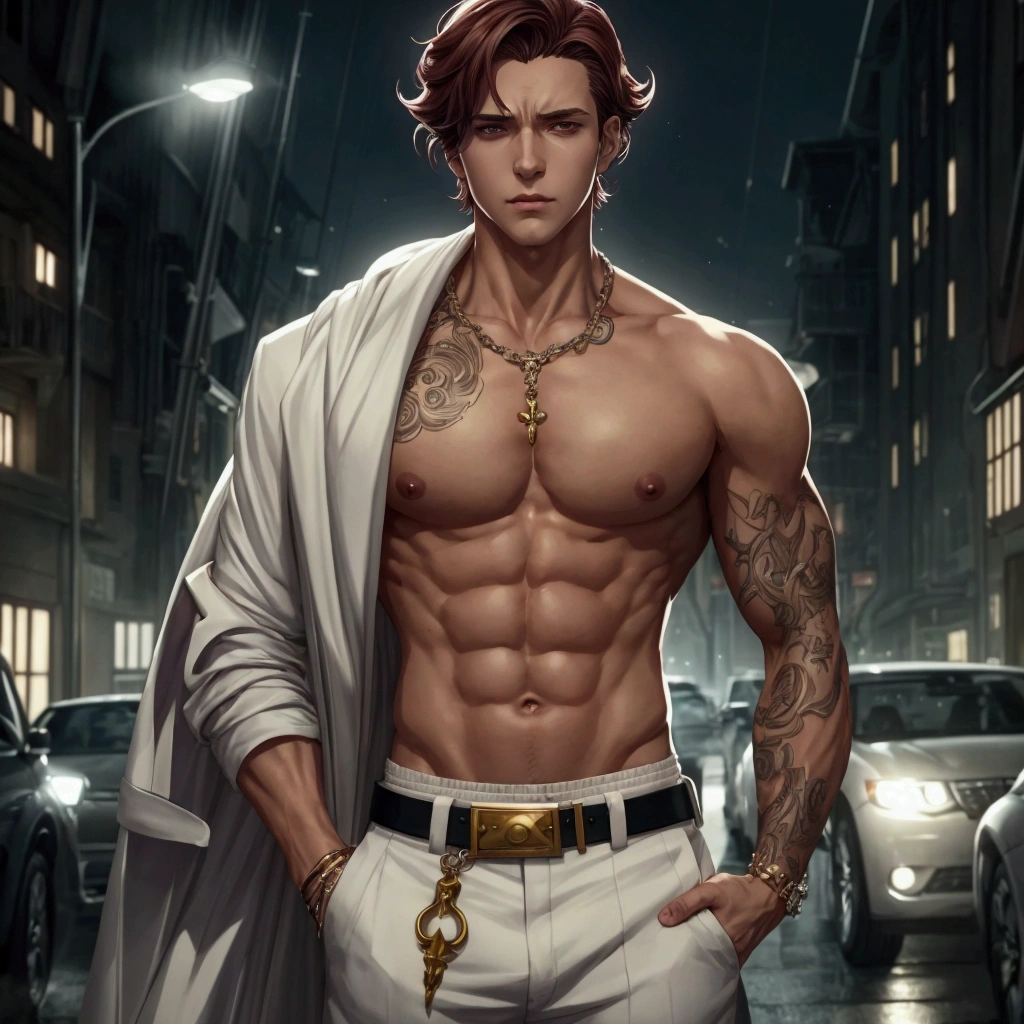 a close up of a man in a white suit and a white shirt, handsome guy in demon slayer art, artstation mans aesthetic, trendin on artstation, anime handsome man, style of charlie bowater, human male character art, handsome anime pose, male character design, shirtless :: high detail, male anime character, official fanart behance hd