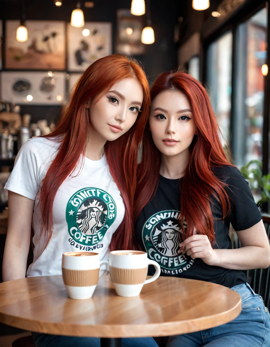 ultra realistic, photography, two women, one girl with long red hair, girl, 24 years old, hourglass figure, perfect body, Flirty look, extremely detailed artgerm, in the style artgerm, small breasts, facing the camera, Nikon z fx, lens 35 mm, blur background, one girl has ivory black long hair, they are sitting at a table in a coffee shop. two coffee cups are on the table, they are both wearing cute colourful t-shirts