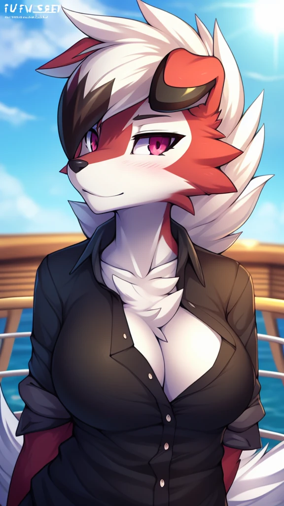 and leathery zinfyu,by twistedscarlet60, uploaded on pixiv, by fluff-kevlar, (masterpiece), (best quality), (solo female:1.2), (extremely detailed:1.3),(detailed eye,black circle on eye,pink eye), lycanroc midnight, view on viewer, close view, (tail:1.1), closeup photo of lycanroc, adult body posture, in Cruise ship, at cruise ship coridor, wearing black sunglasses, wearing red opened shirt