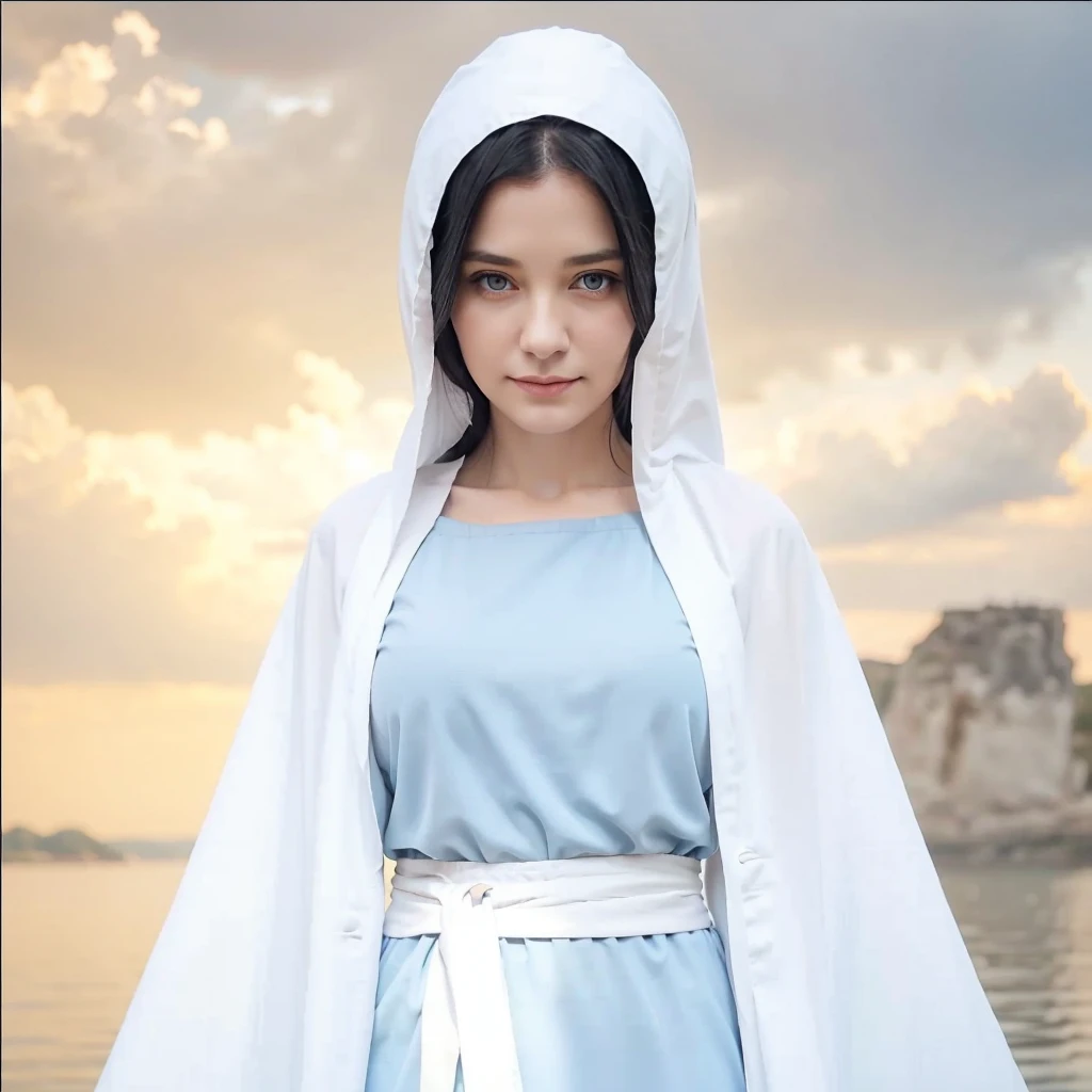 35-year-old woman, light blue eyes, long black hair, serene face with a slight smile, wearing a gray tunic with wide, long sleeves adjusted at the waist with a white sash. She's in the white clouds praying