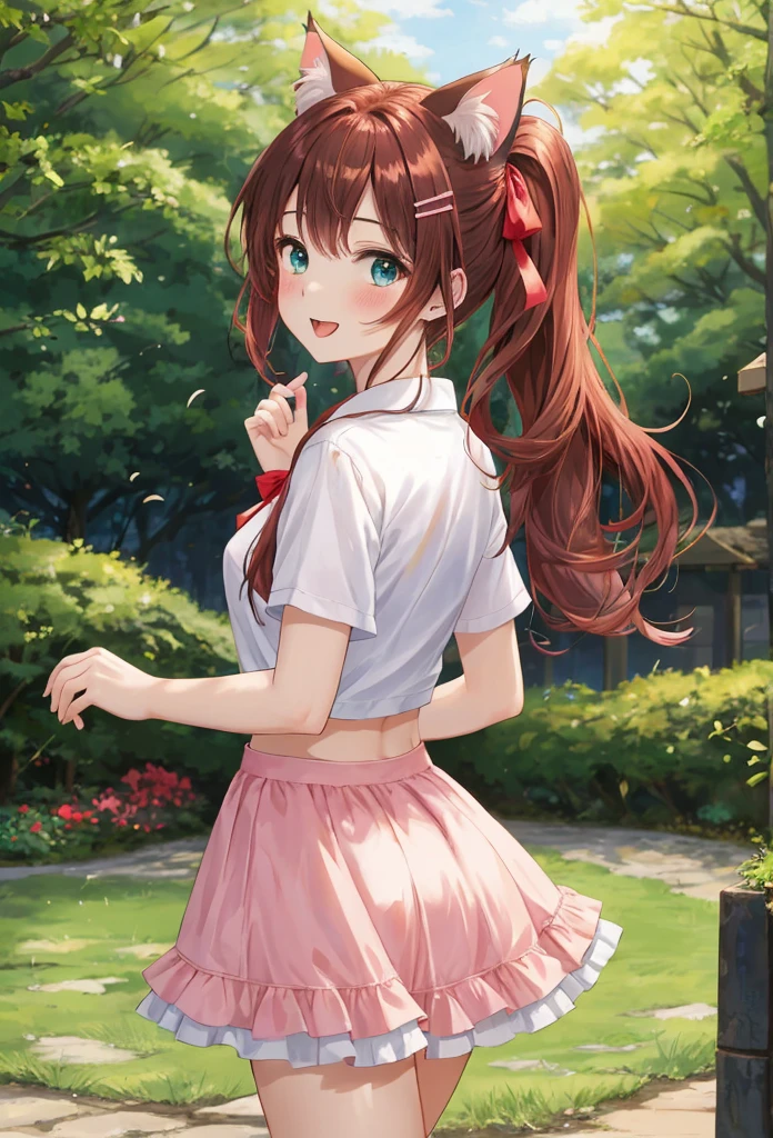 1 beautiful girl posing for photo, anime girl, dynamic poses, (20 year old girl:1.3), (aged up), city, garden, flowering trees, jeans, white tied shirt, shows her back, big rounds breadsts, midriff, (lace bra:0.8), jewelry, dark brown hair, bangs, long hair, 1 ponytail, wavy hair, expressive hair, shiny hair, hairclip, red hair ribbon, cat hair ornament, wince, aqua eyes, glowing eyes, earrings, cat ears, kemonomimi mode, smile, open mouth, glossy lips, blush, tongue, bright pupils, happy, upper teeth, detailed face, perfect body, high detail, anime, Three-quarter view, from behind, dithering, image fill, anime CG style, outside border, border, first-person view, panorama, perspective, good lighting, Wide-Angle, f/1.8, 85mm, Sony FE GM, 8k, super detail, highres, UHD, retina, masterpiece, accurate, anatomically correct, best quality