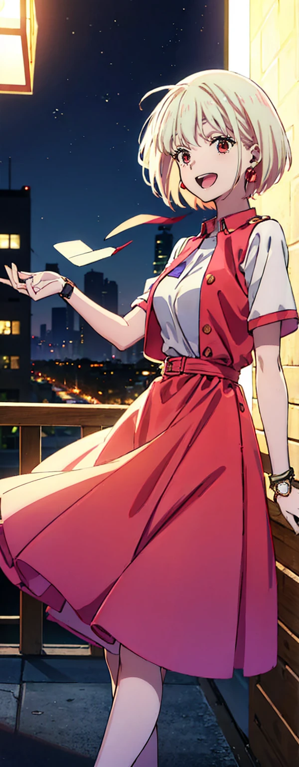 High resolution, High resolution,2D Anime Style,,Cool woman,Mature,,20th generation,short hair,Blonde,Red eyes,Beautiful Watches,Beautiful earrings,Cute clothes,He is laughing a little,night,