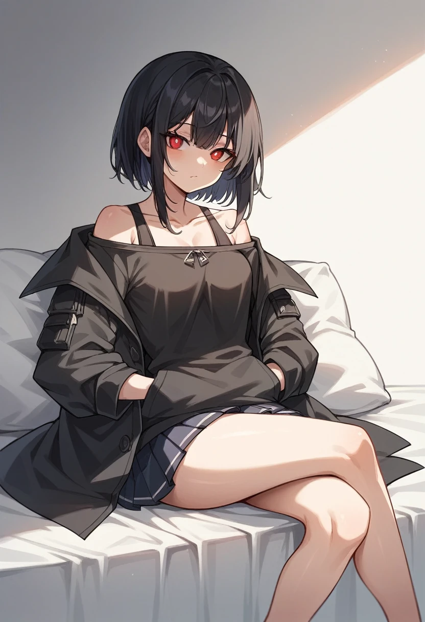 Woman with dark ash messy hair. Eyes with hazel color. Wolfcut hairstyle. Face without expression. Sitting on the bed. Wearing a jacket