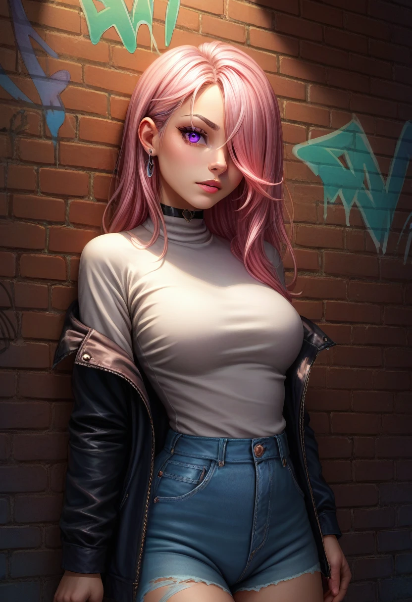 score_9, score_8_up, score_7_up, detailed, 1girl, solo, intricate details, chromatic aberration, realistic, long hair, pink hair, red head ornament, pink highlights, hair over one eye, purple eyes, earrings, sharp eyes, choker, neon shirt, torn legwear, open jacket, turtleneck sweater, night,against wall, brick wall, graffiti, dim lighting, alley, looking at viewer