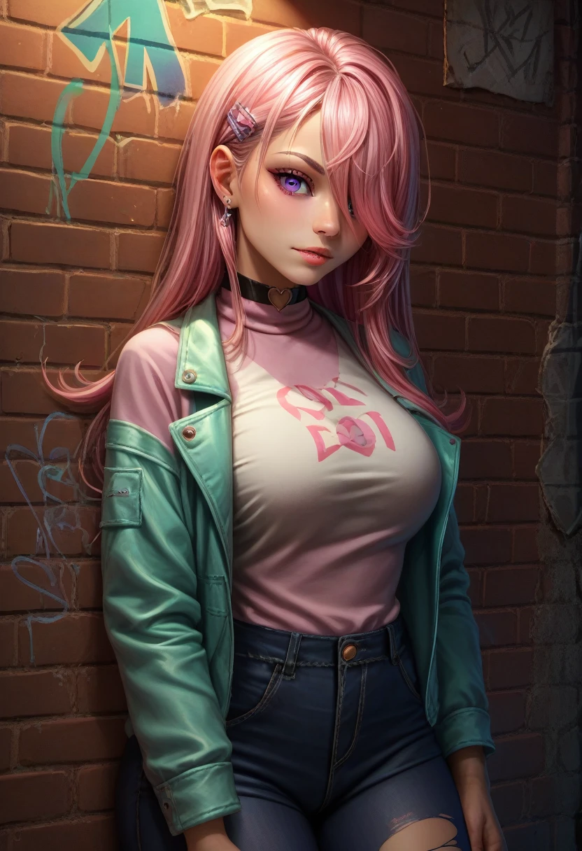 score_9, score_8_up, score_7_up, detailed, 1girl, solo, intricate details, chromatic aberration, realistic, long hair, pink hair, red head ornament, pink highlights, hair over one eye, purple eyes, earrings, sharp eyes, choker, neon shirt, torn legwear, open jacket, turtleneck sweater, night,against wall, brick wall, graffiti, dim lighting, alley, looking at viewer