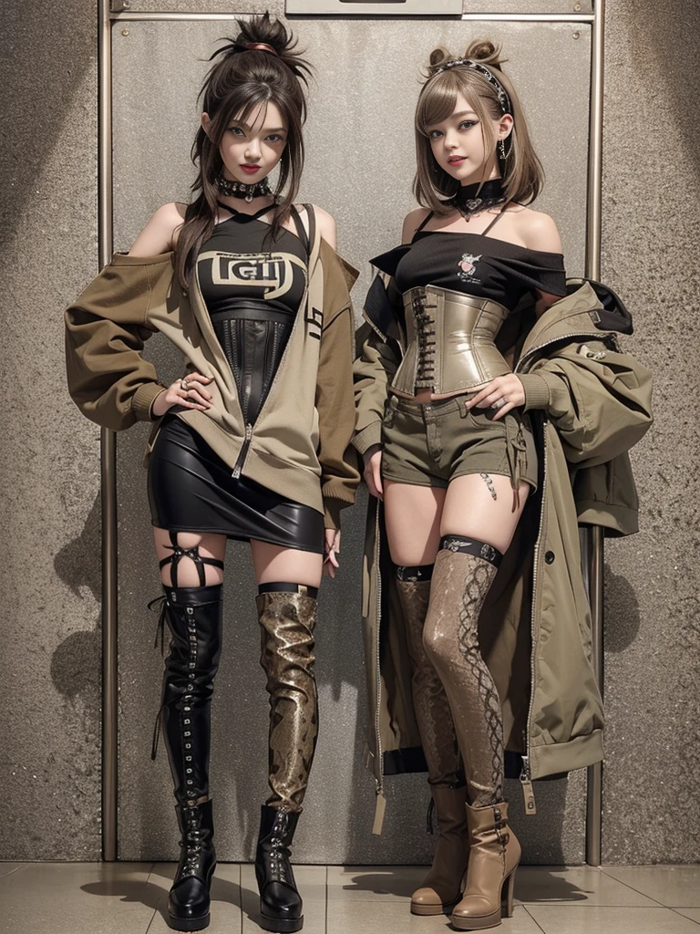 (Full Body View:1.3)、(Smiling with teeth showing:1.3),(Shibuya Gal:1.5)、(Beautiful:1.5)、(Neo-goth fashion:1.5)、(Punk RockVisual Kei:1.5)、(An off-the-shoulder hoodie in khaki and brown with delicate silver accessories.:1.5)、(A corset with a delicate beige and brown design:1.4)、(Dark grey, khaki and brown snakeskin bodysuit:1.5)、(Snake print headband:1.3)、(Beige and charcoal knee socks:1.4)、Embellished collar and long boots、(I&#39;m selling snake print underwear.:1.4)、(Long eyelashes:1.3)、(20-year-old)、((Highest quality、8k、masterpiece:1.3))、1 Female、Slim and beautiful abs:1.3、(hairstyle casual、Beautiful boobs:1.1)、(Doing an aerobics pose:1.3)、dress:1.1、Super small face、Narrow eyes、double eyelid、A sloppy smile、Esbian all over、Dynamic Angle、Close-up、CPL Filter、Blurred Background、Bokeh、Blue Hour、Detailed face and skin texture、Detailed eyes、,(Twin tails:1.3)、(Brown-golden hair:1.3)、Gravure idol、(The background is a glamorous dance hall:1.3)、(Make your legs thinner:1.4)、(Slim body:1.3)、(clavicle:1.1)