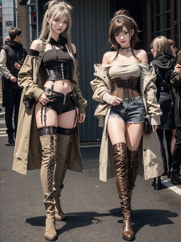 (Full Body View:1.3)、(Smiling with teeth showing:1.3),(Shibuya Gal:1.5)、(Beautiful:1.5)、(Neo-goth fashion:1.5)、(Punk RockVisual Kei:1.5)、(An off-the-shoulder hoodie in khaki and brown with delicate silver accessories.:1.5)、(A corset with a delicate beige and brown design:1.4)、(Dark grey, khaki and brown snakeskin bodysuit:1.5)、(Snake print headband:1.3)、(Beige and charcoal knee socks:1.4)、Embellished collar and long boots、(I'm selling snake print underwear.:1.4)、(Long eyelashes:1.3)、(20-year-old)、((Highest quality、8k、masterpiece:1.3))、1 Female、Slim and beautiful abs:1.3、(hairstyle casual、Beautiful boobs:1.1)、(Doing an aerobics pose:1.3)、dress:1.1、Super small face、Narrow eyes、double eyelid、A sloppy smile、Esbian all over、Dynamic Angle、Close-up、CPL Filter、Blurred Background、Bokeh、Blue Hour、Detailed face and skin texture、Detailed eyes、,(Twin tails:1.3)、(Brown-golden hair:1.3)、Gravure idol、(The background is a glamorous dance hall:1.3)、(Make your legs thinner:1.4)、(Slim body:1.3)、(clavicle:1.1)