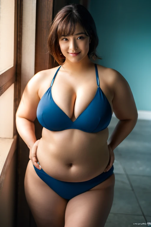 Medium Size Display, Full Body Shot, Depth of the written border, bust, Upper Body, Movie angle, masterpiece, Highest quality, Very detailed, CG, 8k wallpaper, Beautiful Face, Delicate eyes, Otome, alone, smile,Swimwear,Super big breasts、Overweight, Very fat, Chubby,4K, High resolution, masterpiece, Highest quality, Fine skin, Sharp focus, (Cinema Lighting)