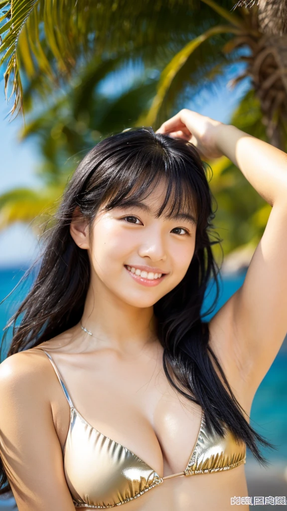 Simple bikini、 Black hair、20-year-old female、Big sexy black long haired Japanese girl with tanned skin,Shiny oily skin、Shiny skin、Summer Sea、Beautiful sandy beach、Natural Light、 look、Sexy pose、Smile、A small mole１t、Random Face, model pose,Young gravure,