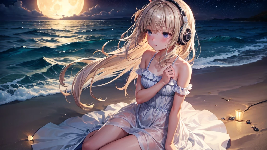 "A serene nighttime beach scene. A girl sits on the sandy shore, her headphones on, lost in the rhythm of the music. She wears a beautiful frock, the gentle waves almost touching her toes. Above her, the night sky is adorned with twinkling stars and a luminous moon, casting a soft glow over the tranquil scene. She looks completely relaxed, absorbed in her own world of melodies."