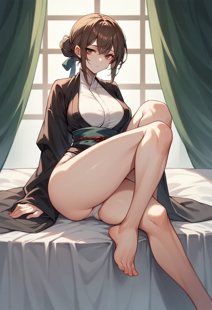 Brown hair long ninja girl Wearing a beautiful black kimono White underwear White skin tall With bangs Beautiful face Thin legs A little bit of cleavage is visible sitting on the bed Legs bent Anime Style