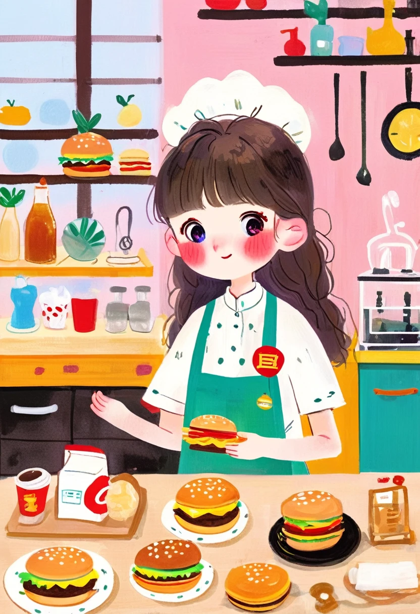 Detailed burger shop、young female clerk、Beautiful and detailed eyes、Beautiful and detailed lips、Extremely detailed eyes and face、Long eyelashes、Waitress Uniform、Clean apron、A friendly expression、Fast food restaurant interior、counter、cash register、stool、table、Chair、Bright lighting、Food display case、Menu Board、Warm atmosphere、Cozy and attractive、(Highest quality、8K、High resolution、masterpiece:1.2)、Super detailed、(Real、Photorealistic、Photorealistic:1.37)、Intricate details、Bright colors、3D Rendering、Concept Art、J_drawing、Children's Illustration Style
