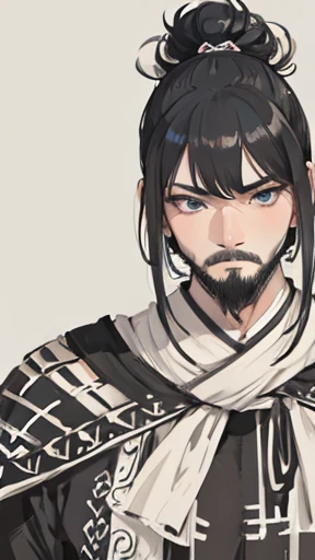 Monochrome,Oriental、Men in ancient Chinese costumes、(ancient chinese hairstyle male)、As seen in the Romance of the Three Kingdoms々military commander、Highest quality、masterpiece、Ultra-high resolution、(Realistic:1.4)、Game Poster、Crisp and beautiful image quality、beard、Embroidered cloth wrapped around a topknot、whole body ,((Skin of color, ),(Heavy Blackbeard):1.2), ( (Very detailed, bloom:1.5), (Highest quality, Concept Art, 4K), (analog:1.2), (high sharpness), (Detailed pupil:1.1), (Painting:1.1), (digital Painting:1.1), Detailed face and eyes, masterpiece, Highest quality, (Very detailed写真:1.1), 8K, photoRealistic, (Black Hair, Dynamic Short Hair), (PurerosFace_v1:0.2), [:(Detailed face:1.2):0.2], sharp, Realistic, Realistic Shadow, 