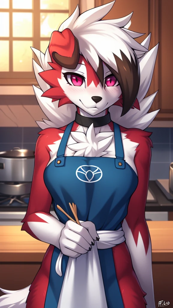 By zinfyu,by twistedscarlet60, uploaded on pixiv, by fluff-kevlar, (masterpiece), (best quality), (solo female:1.2), (extremely detailed:1.3),(detailed eye,black circle on eye,pink eye), lycanroc midnight, view on viewer, close view, shy face, half body on potrait, only body and head, close view, wearing cooking apron,in kitchen, serving food, (tail:1.1), closeup photo of lycanroc, adult body posture