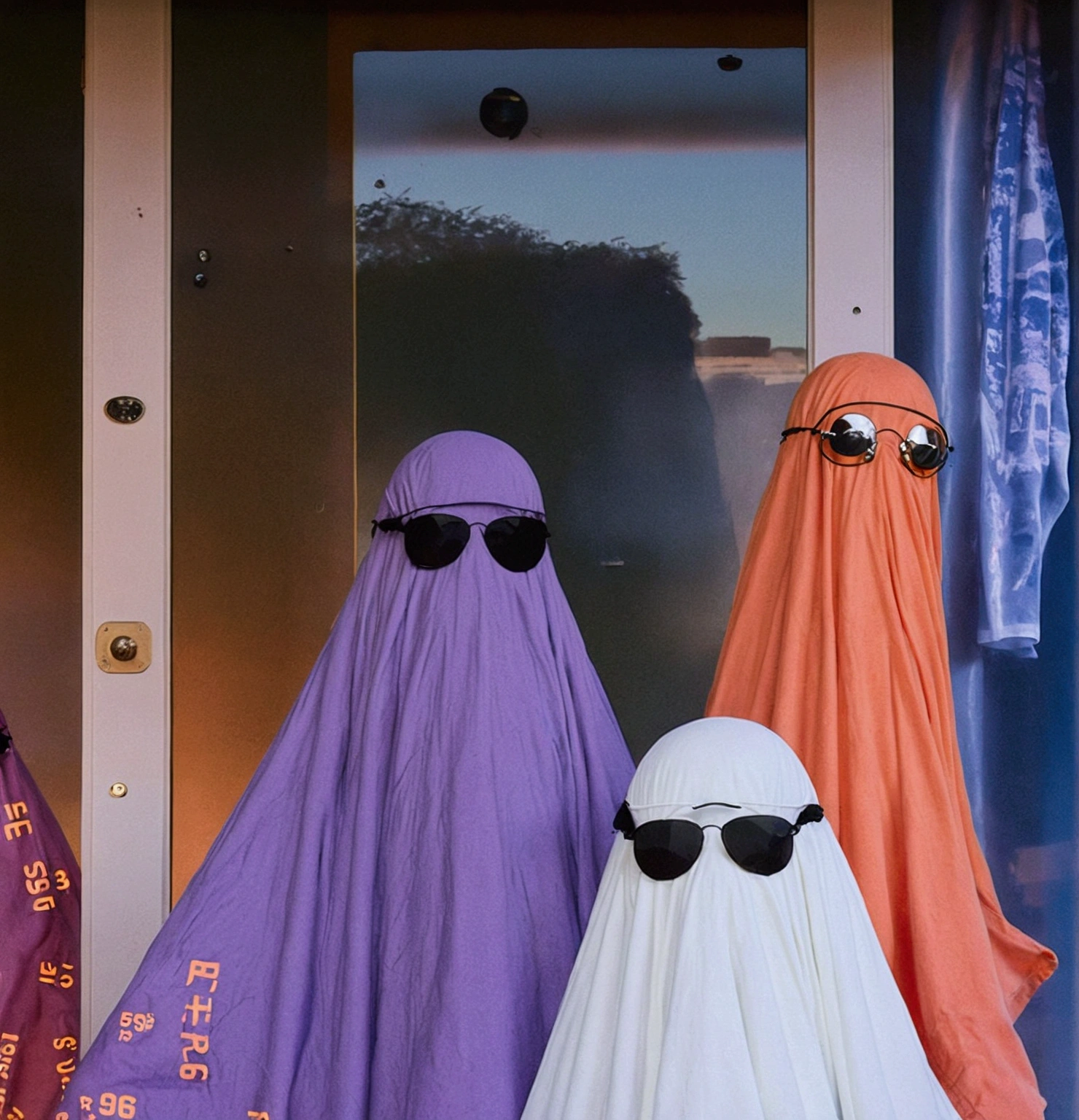 3 friends covering with blanket white, black and blue, and wearing sunglass acting lie ghosts