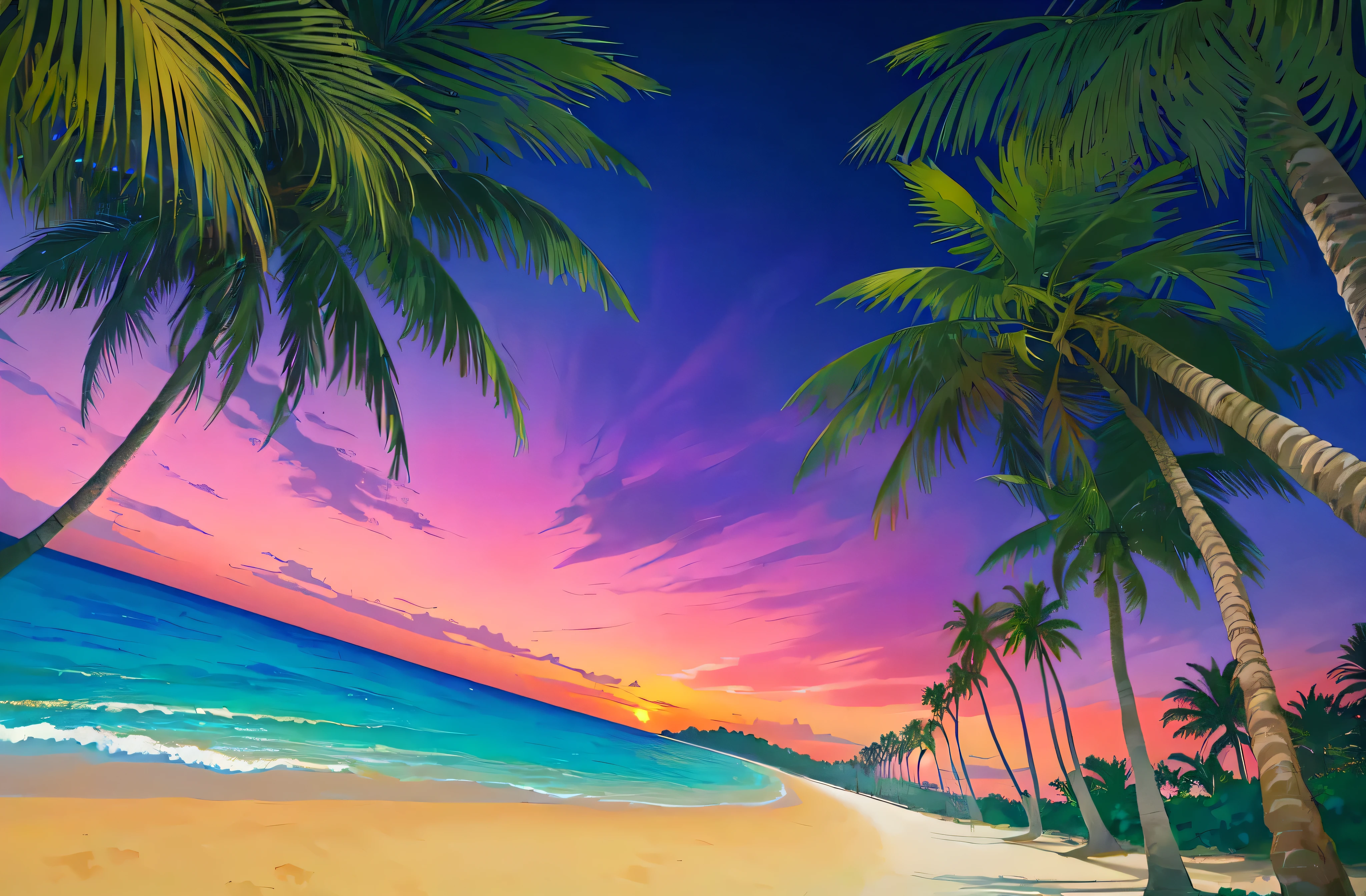 Palm trees and beach、Tropical Beach, an abstract tropical landscape, Tropical atmosphere, Beach Sunset, Background artwork, Sunset background