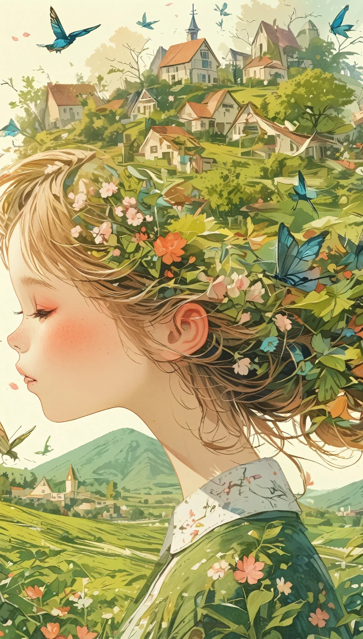 Leaf hair girl、Photographed from the front、Masterpiece、Highest quality、Look Up、Cherry blossom petals、Lots of butterflies々Fluttering、church、windmill