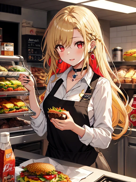 Fast food clerk, Fast Food Worker, Misaka Mikoto, 1girl, blonde hair, long hair, multicolored hair, red eyes, jewelry, earrings, piercing, black choker, uhd, retina, masterpiece, ccurate, anatomically correct, textured skin, super detail, high details, high quality, best quality, highres, 4K