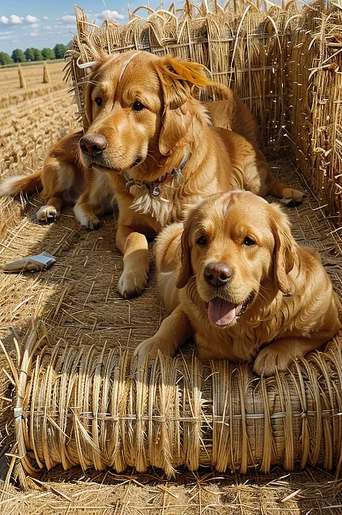 A golden retriever dog lying on its side and looking at the camera in a cornfield. The dog is next to hay bales that are about the same size as the dog. The scene is set on a sunny day with the golden corn stalks and blue sky in the background.