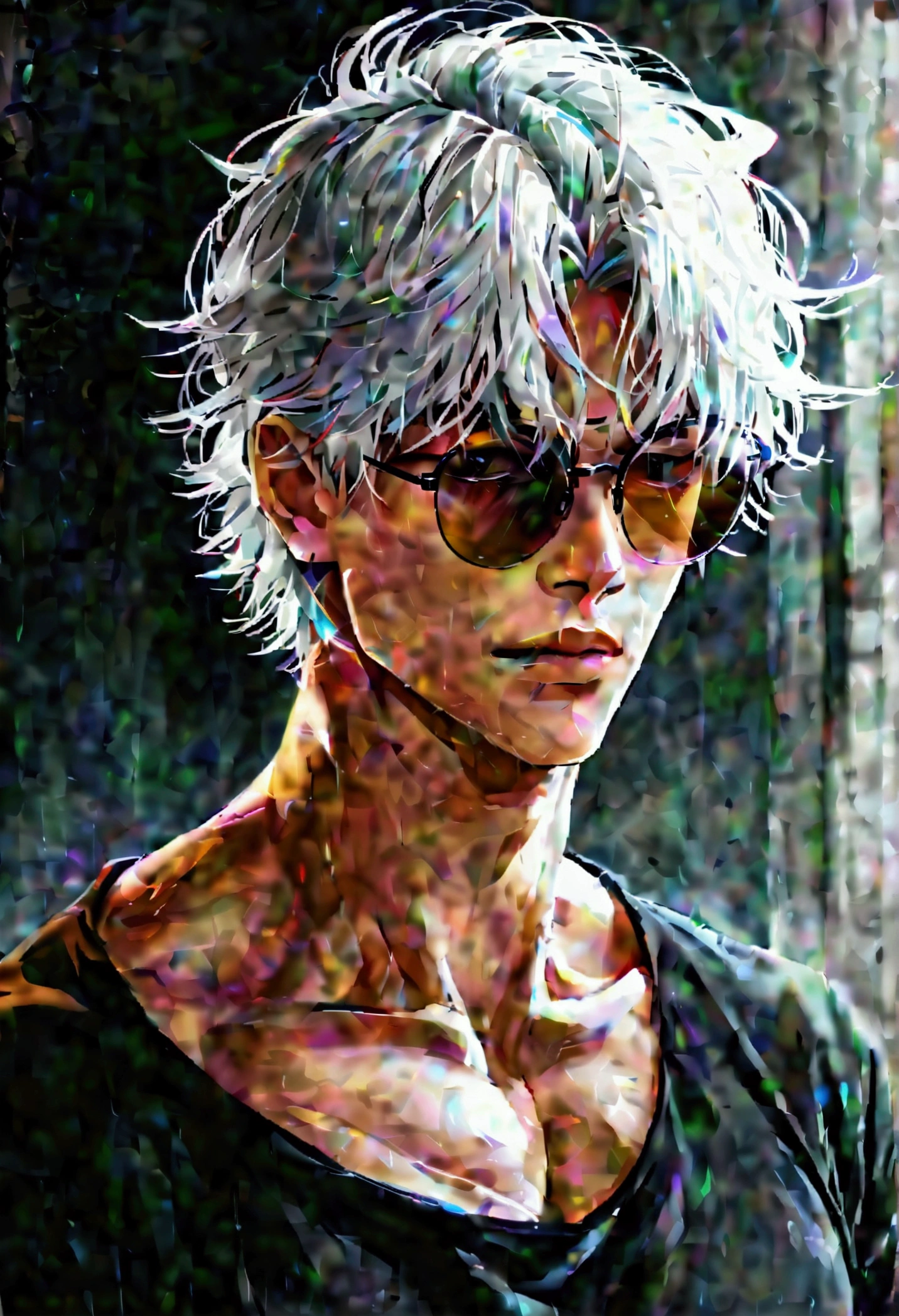 Handsome man with white skin, tall texture and medium muscular and slim body, wearing a tight black t-shirt and showing the shape of his muscles, wearing sunglasses, like Gojo Satoru but with hair combed neatly back, charming with a cold gaze 