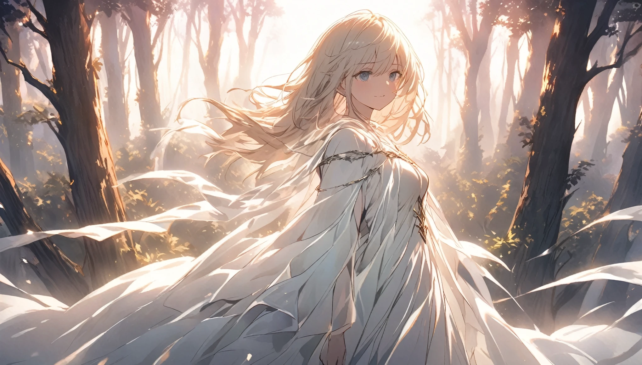 An anime girl standing alone in a dimly lit forest at dawn, with the first light of morning filtering through the trees. She has a determined expression on her face, symbolizing her resolve to break free from the deceit and lies. The forest is shrouded in mist, with shadows receding as the light breaks through, symbolizing the unveiling of truth. Around her, the remnants of a fantasy world are fading away, represented by ethereal, fading illusions. The background features tall trees and a narrow path leading forward, symbolizing her journey towards new beginnings. The atmosphere is filled with a sense of liberation and empowerment, with soft, natural lighting enhancing her resolve and the emotional transition from darkness to hope.