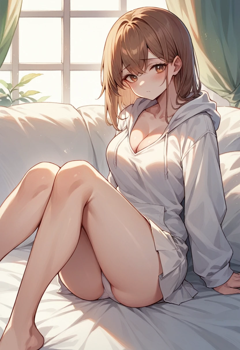 Brown-haired girl　Her shoulder-length hair is tied back　Wearing a white hoodie and a white skirt　White underwear　White skin　tall　With bangs　Beautiful face　Thin legs　The cleavage is visible　sitting on the bed　Thin legs　Shy　Anime Style