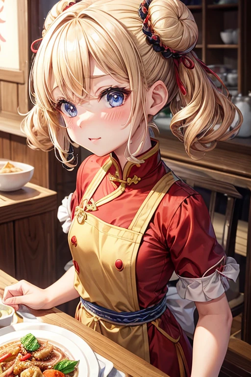 One girl,Blonde,Twin tails,Bun hairstyle,Curly Hair,short hair,Red Chinese clothing,apron,Blue Eyes,blush,Mouth wide open,fine,Girl with small,Small breasted girl,Small Girls,,flat chest,Chinese restaurant,Gorgeous