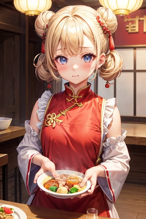 One girl,Blonde,Twin tails,Bun hairstyle,Curly Hair,Red Chinese clothing,apron,Blue Eyes,blush,Mouth wide open,fine,Girl with small,Small breasted girl,Small  Girls,,flat chest
