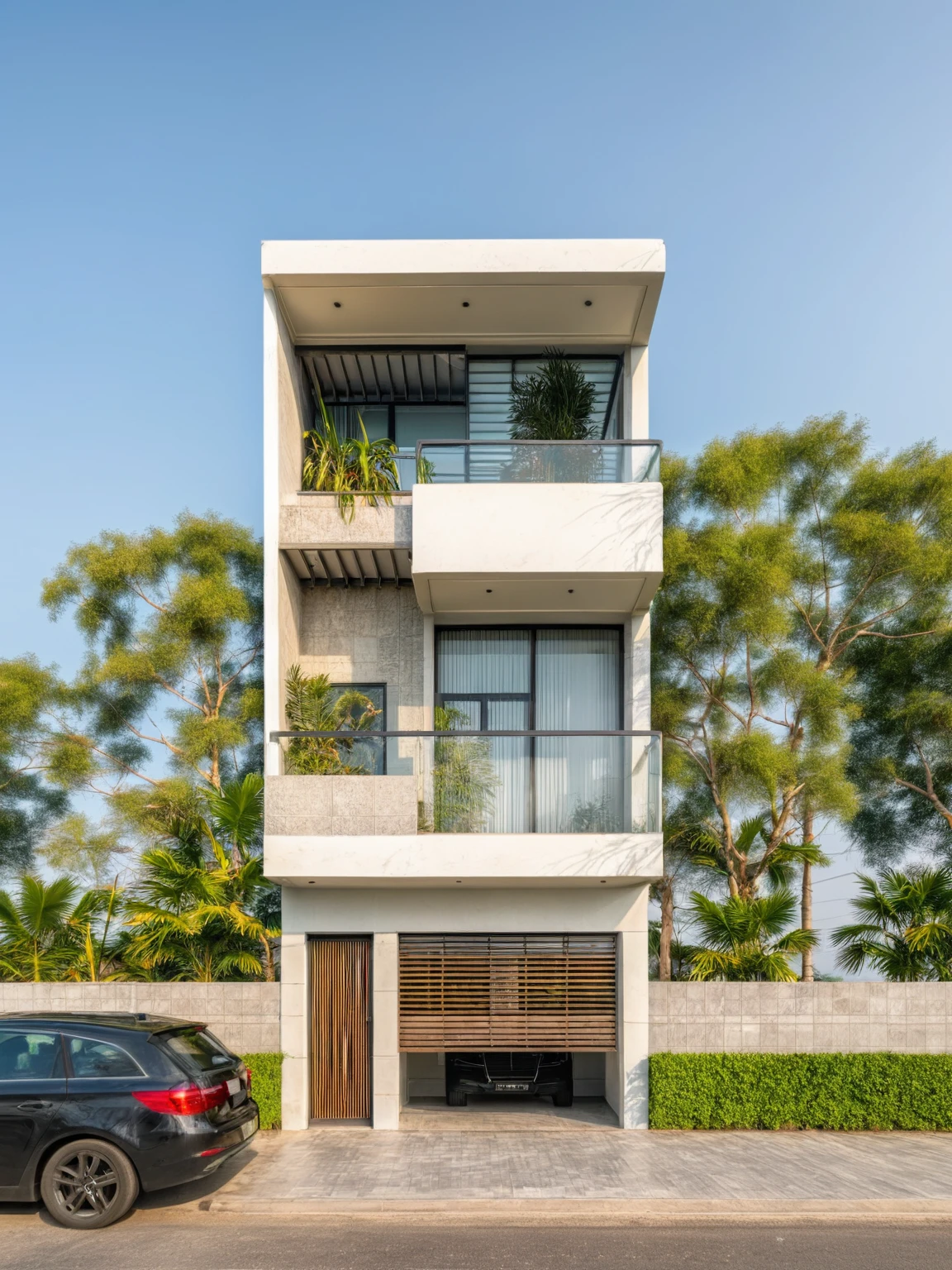 Raw photo,Masterpiece, high quality, best quality, authentic, super detail, exterior, outdoors,Tuonghoagio,house, modern stytle, on the street,wind flower wall, glass windows, white wall,gate, metal railing road,pavement, grass, trees, blue sky, wall climbing plant , (daylight:1.1), ((realistic photo))