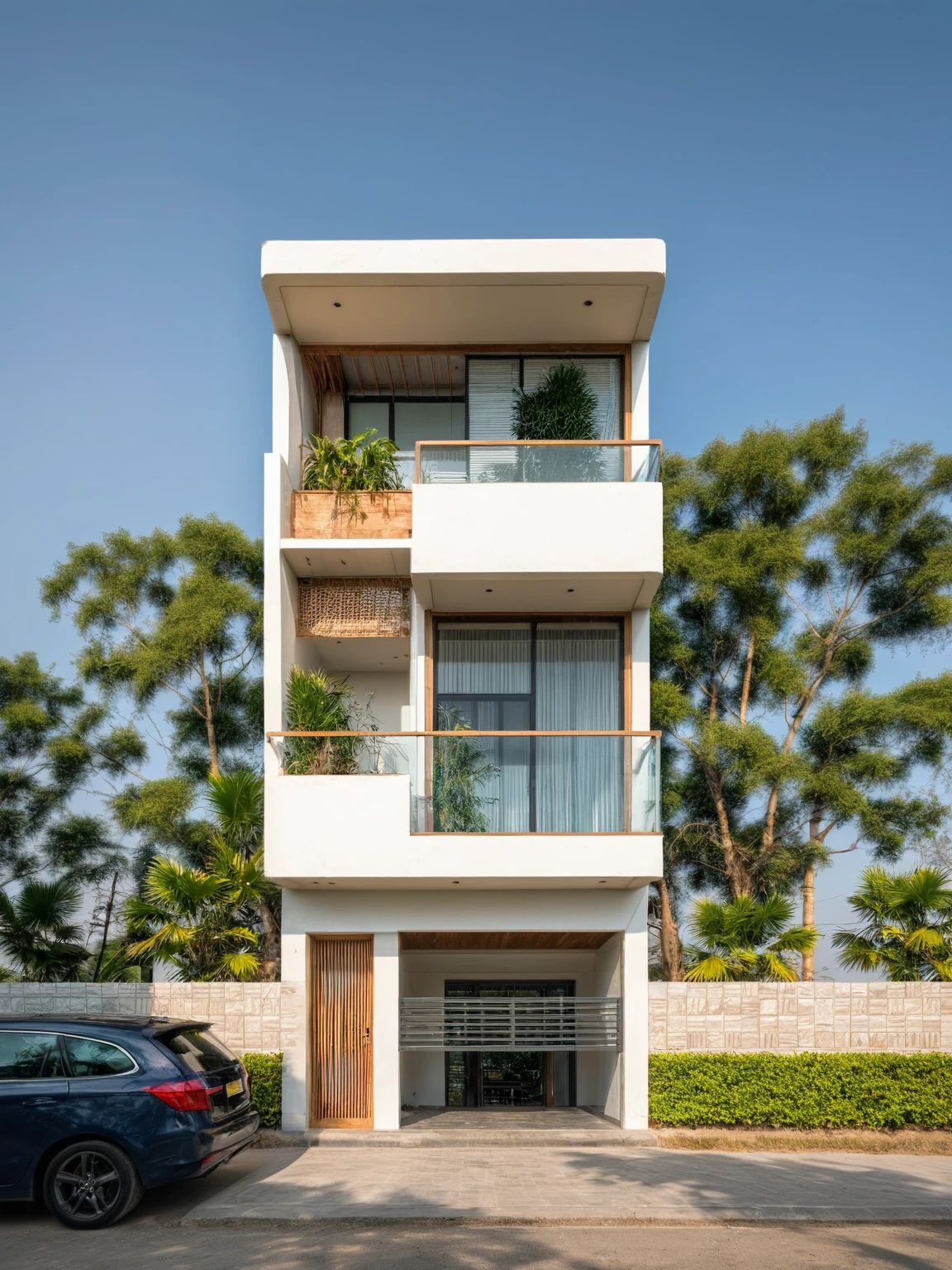 Raw photo,Masterpiece, high quality, best quality, authentic, super detail, exterior, outdoors,Tuonghoagio,house, modern stytle, on the street,wind flower wall, glass windows, white wall,gate, metal railing road,pavement, grass, trees, blue sky, wall climbing plant , (daylight:1.1), ((realistic photo))