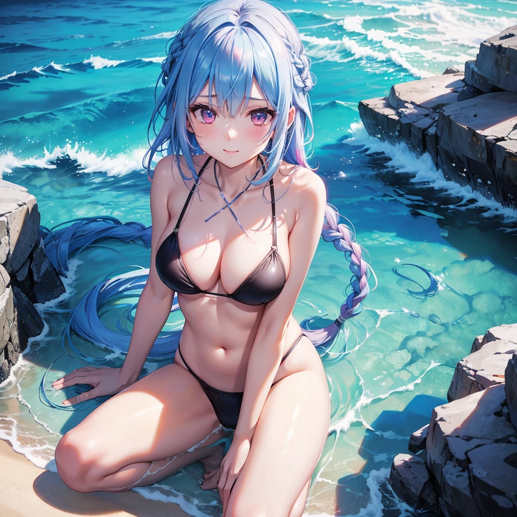 (Sky blue medium hair),(Braided hair tied together)、Pink eyes、Fair skin、(whole body)、(One Girl)、Black Swimsuit、Small breasts、Stylish sunglasses、Shining white sand beach in midsummer、Hawaiian Ocean、A big smile、、(masterpiece、Highest quality、Very detailed、Best Shadow)、(Detailed Background)、(Beautifully detailed face)、High contrast、(Best lighting、Very delicate and beautiful)、((Cinematic Light))、colorful、Hyper Detail、Dramatic Light、Exquisite detail