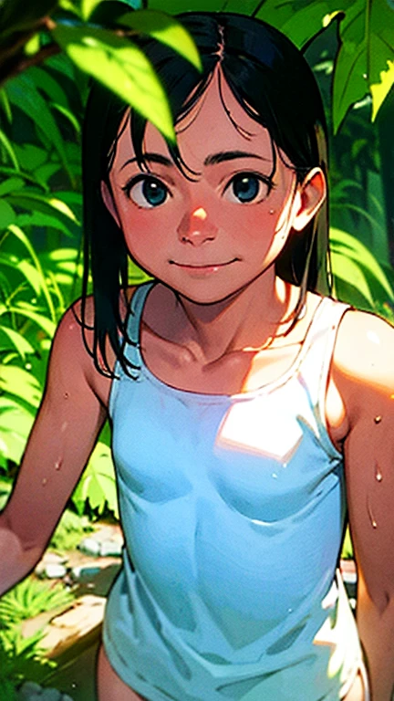 Beautiful, innocent, realistic,-yeld, Inesian, with long black hair Wearing a short white thin underpants , cute girl, in the jungle, no bra, short white thin underpants, wet white short tank top, Cameltoe, hairless vagina, open neck, smile, depth of field, overcast, misty, takamichi style, nsfw