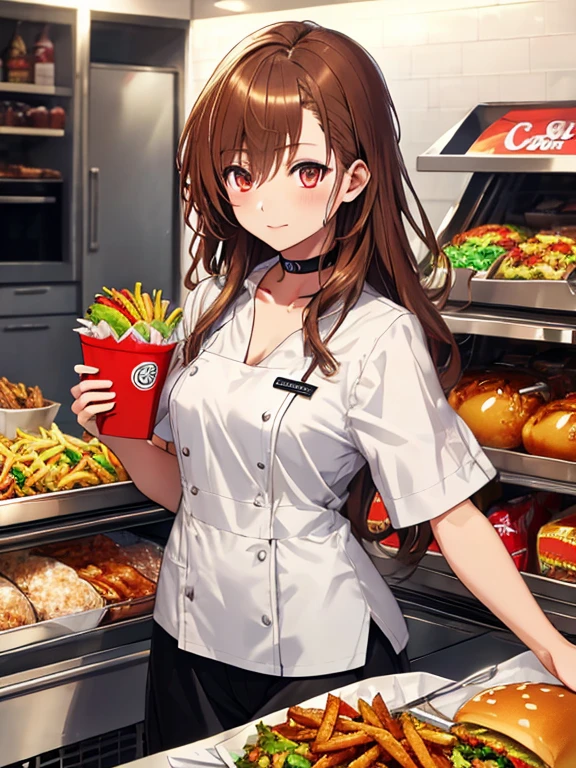 Fast food clerk, Fast Food Worker, Misaka Mikoto, 1girl, black choker, uhd, retina, masterpiece, ccurate, anatomically correct, textured skin, super detail, high details, high quality, best quality, highres, 4K
