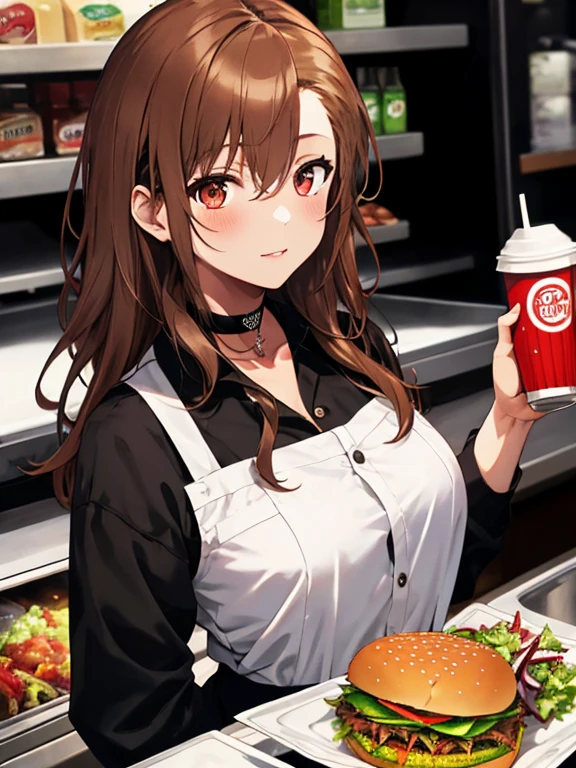 make brownhaired girl like to eat more fastfood and make her fat in 150 kg while she eating 
