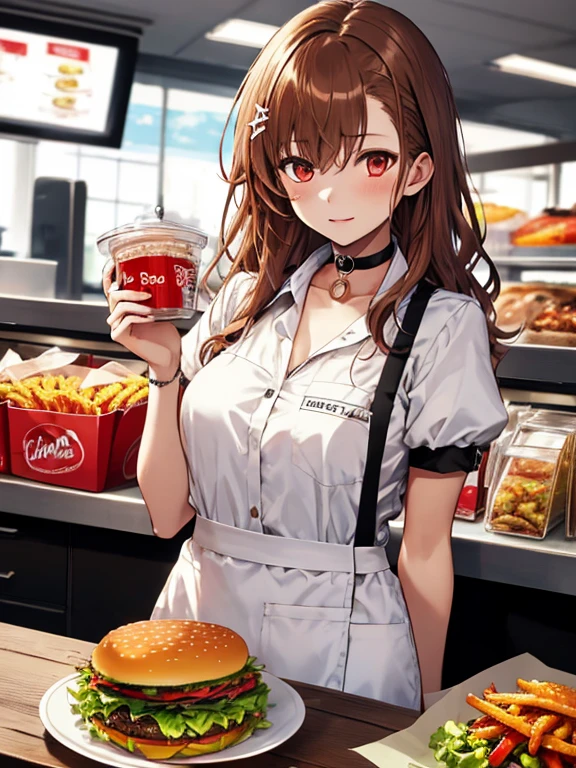 Fast food clerk, Fast Food Worker, Misaka Mikoto, 1girl, black choker, uhd, retina, masterpiece, ccurate, anatomically correct, textured skin, super detail, high details, high quality, best quality, highres, 4K