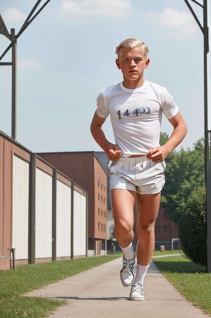 Zollverein, 1940. A young ((((14-year-old)) Werner Pfennig)), young man, gym class, running, ((((clothings from the 1940s, white shorts and t-shirt)))), ((platinum blonde hairstyle of the 1940s))