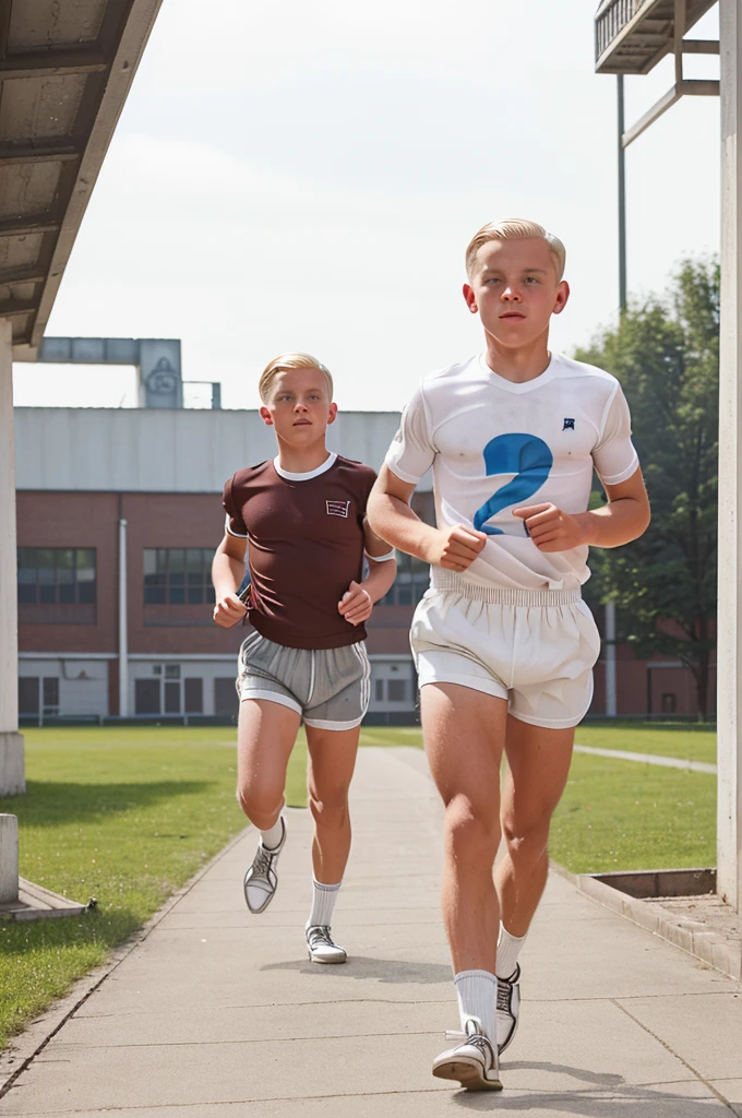 Zollverein, 1940. A young ((((-yeld)) ner Pfennig)), young man, gym class, running, ((((clothings from the 1940s, white shorts and t-shirt)))), ((platinum blonde hairstyle of the 1940s))