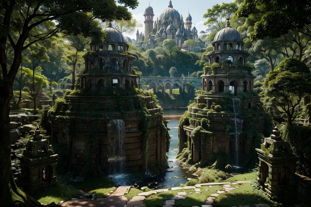 A ancient city reclaimed by the forest, crumbling stone walls and towers peeking through a sea of dense vegetation. Once splendid castle and temples, now just vine-covered rubble and moss-laden ruins poking above the treetops. Intricate stonework barely visible under thick creeping ivy and moss. Empty streets and alleys totally obscured by huge gnarled roots and flowering creepers. Crumbling statues of kings and queens stand weathered and worn, as squirrels and birds nest atop their heads. A gentle stream trickles through the cracked central plaza, waterfall cascading through where majestic palace once stood. Only bats reside here now, roosting in the damp catacombs beneath temples. Birdsong and rustling leaves have replaced hymns and human voices. The mighty walls that once protected now gradually decaying as the forest reclaims its land. This drowned city a relic of a lost people, slowly being enveloped forever in the embrace of the woodland realm.