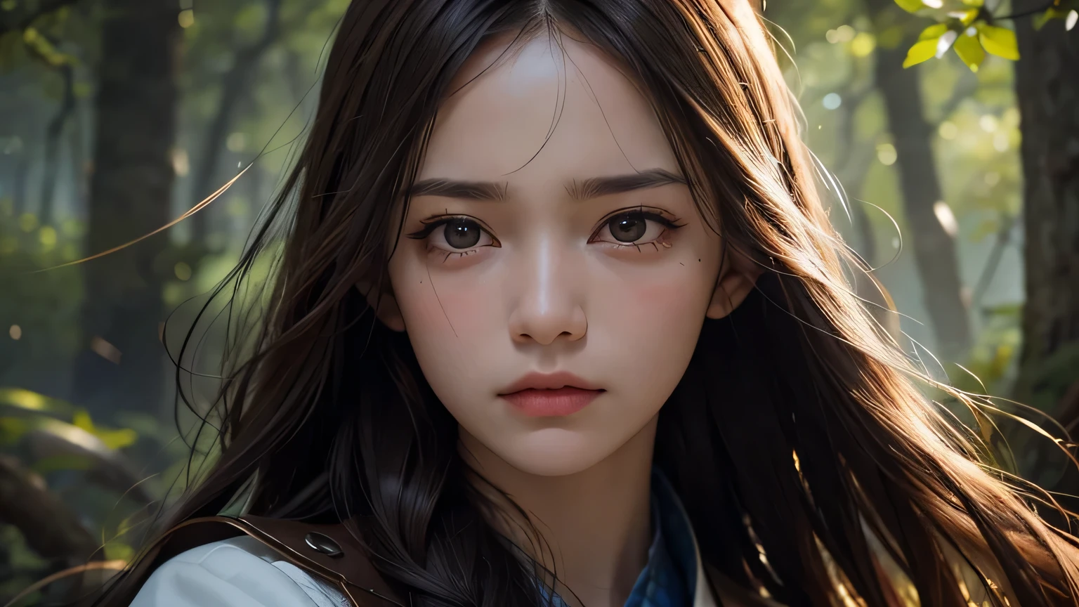 Generate a photorealistic close-up image of a young huntress girl shedding a single tear. Focus on her face, capturing the details of her expression and emotions. The girl should have a solemn expression, with subtle features that reflect her hunter background, such as a few strands of hair falling over her forehead, a hint of dirt or scratches on her face, and a background that is blurred to emphasize her face.