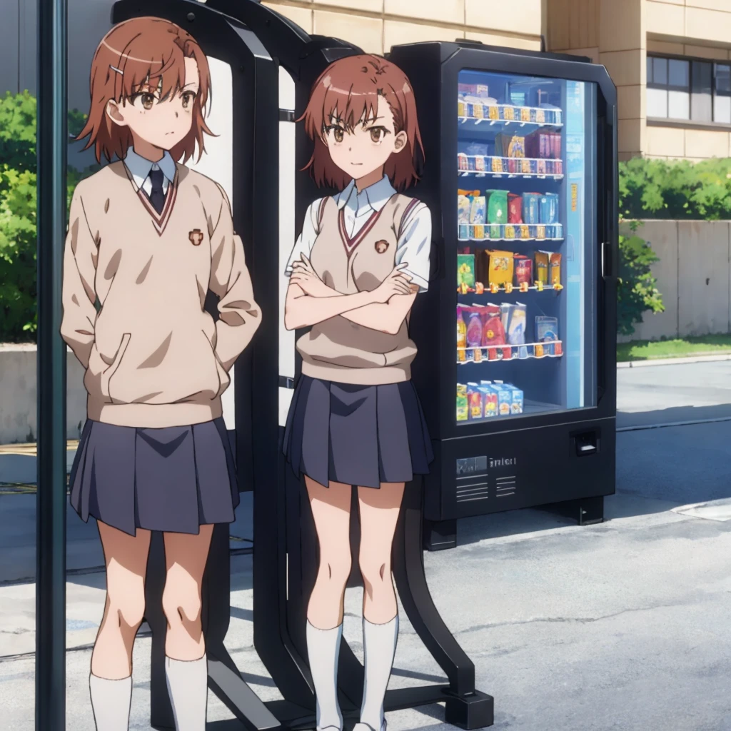 superior_Mikoto, One Girl, alone, School_uniform, tokiwadai_School_uniform, sweater_Best, masterpiece,skirt, brown_sweater_Best,Laughter、Schools、Arms crossed,Blitzkrieg,vending machine