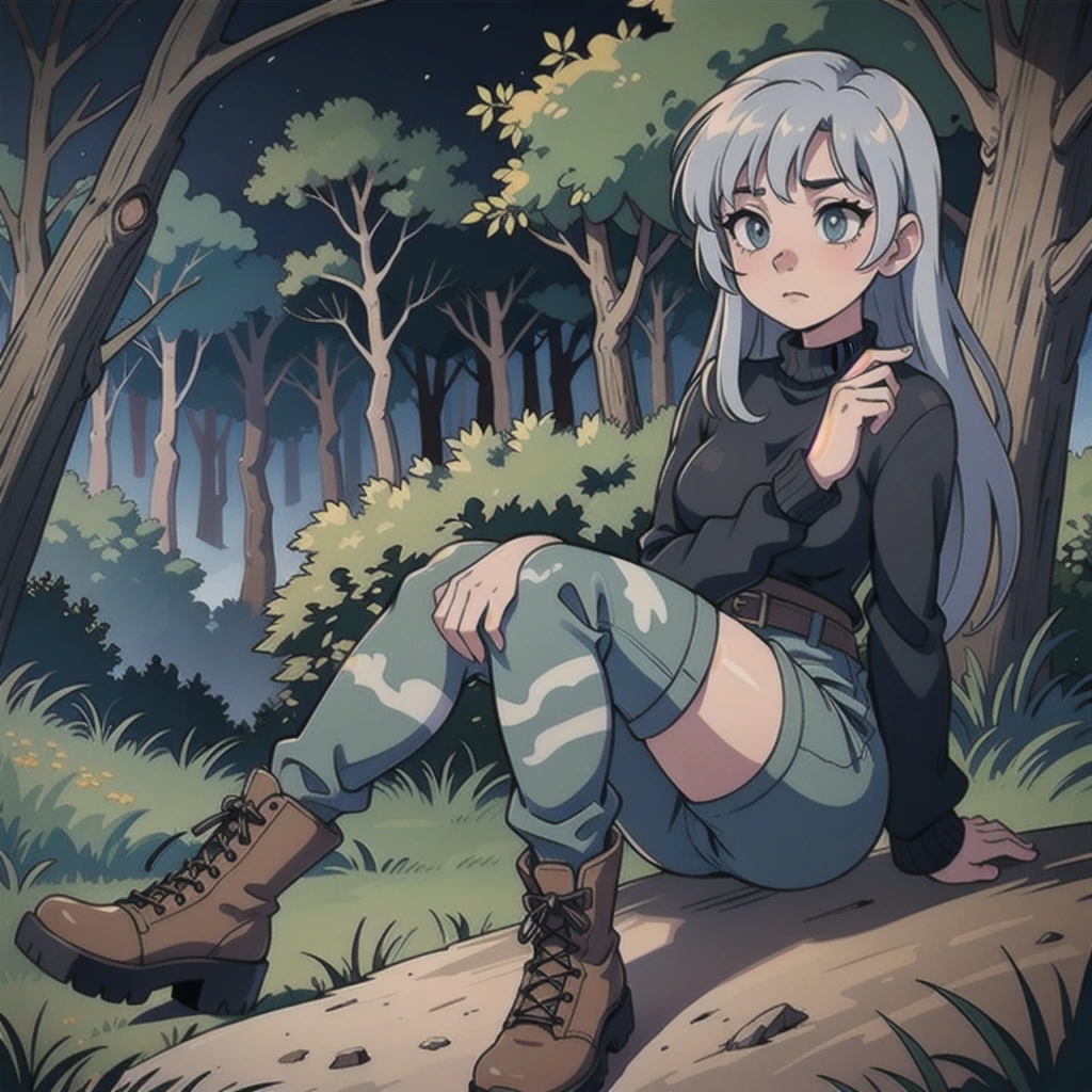 a girl wearing black sweaters,gray camouflage pants,army boots,standing in a dark forest at night,(realistic,photorealistic,photo-realistic:1.37),ultra-detailed,masterpiece,HDR,high quality,dramatic lighting,moody atmosphere,cinematic,award winning photograph,detailed facial features,beautiful eyes,sharp focus,intricate details,textured clothing,environmental details,mist,moonlight,shadows,silhouettes