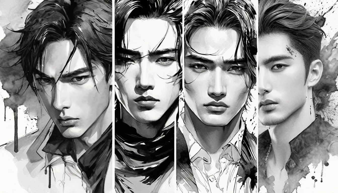 ink，Exaggerated expressions，5 handsome male characters，ink，stain，Line outline，ink stain，คราบink