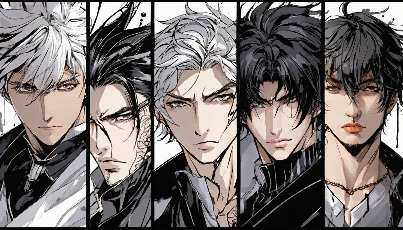 ink，Exaggerated expressions，5 handsome male characters，ink，stain，Line outline，ink stain，คราบink