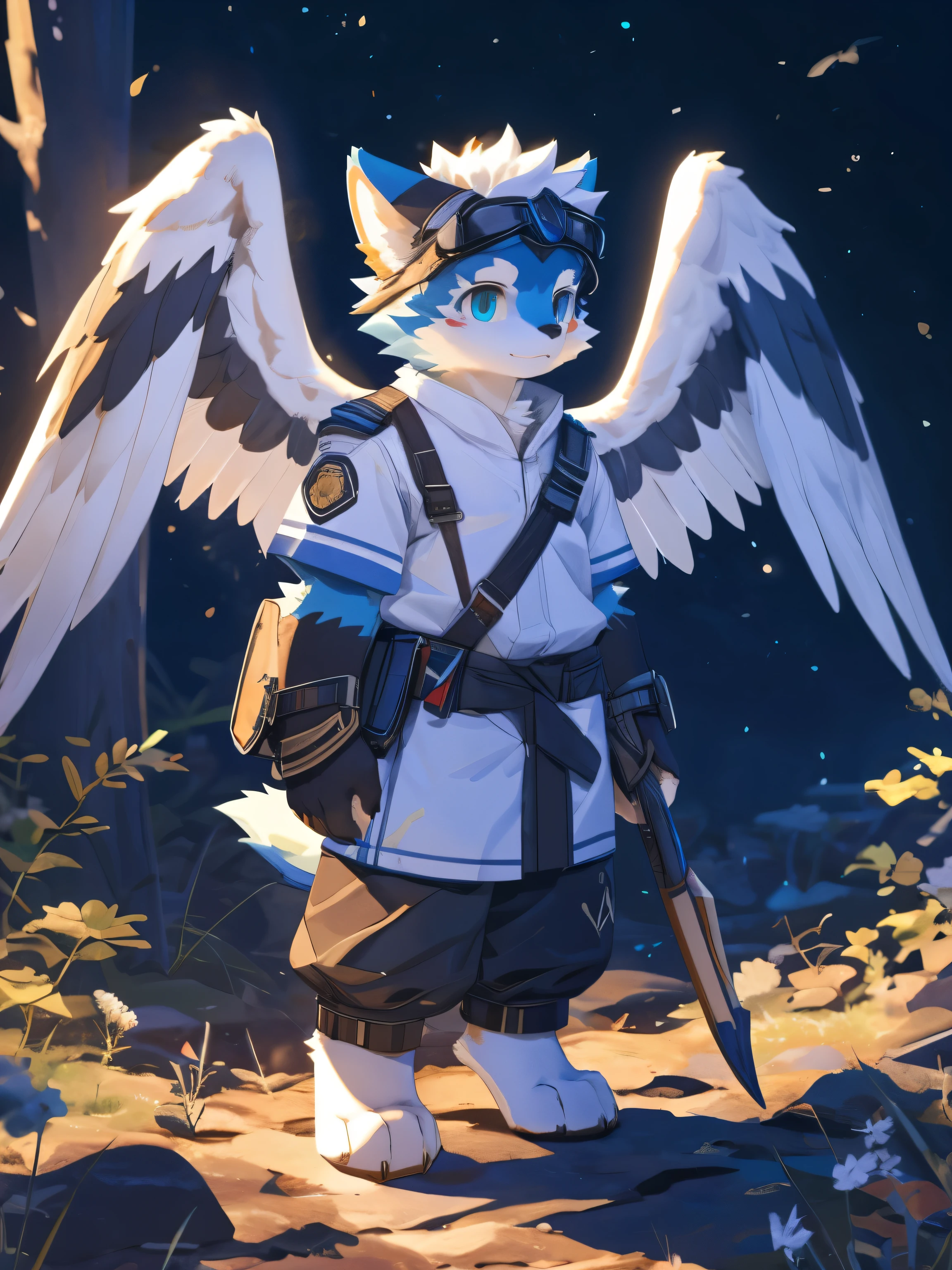 nj5furry,kemono,full-length portrait,anthro,hi res,juvenile,male,Explorer,Azure fur,Golden lines on forehead,Fluffy hair,White feathered wings,White plush paw,Delicate eyes,Detailed eyes,Extremely high detail,8K HD characters
