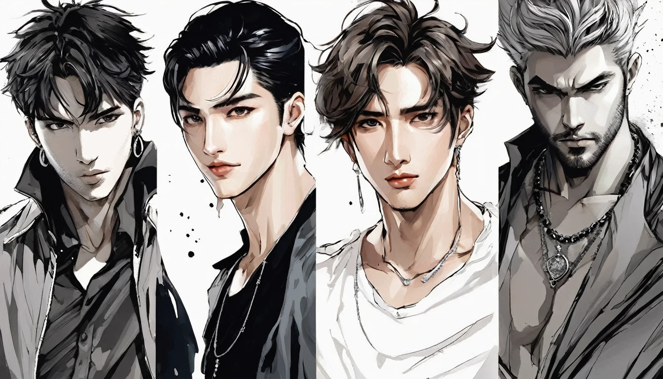 ink，Exaggerated expressions，5 handsome male characters，ink，stain，Line outline，ink stain，คราบink