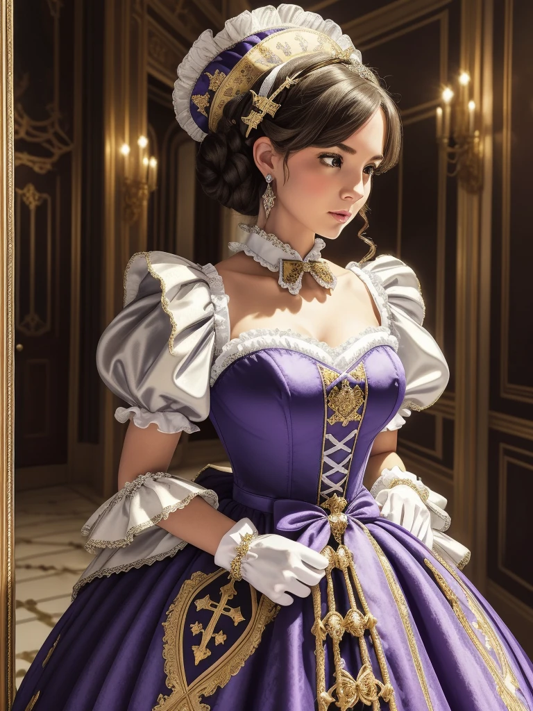 best quality, masterpiece, best definition, artwork, super detailed, many details, details, detailed, woman, 20 years, full body, full body, ball gown, super detailed dress, long dress, dress with many ruffles, dress with many bows, pink bows, victorian dress, detailed victorian dress, victorian dress with bows, pink, ruffles, many ruffles, very bulky dress, light blue dress, dress with ruffles, bows, many bows, woman, full body, black hair.