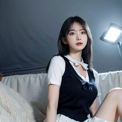 (masterpiece:1.2, Highest quality), (Realistic, photoRealistic:1.4), Beautiful illustrations, (Natural Side Lighting, Cinema Lighting), Written boundary depth, Looking at the audience, (Face Focus, whole body), Front view, 1 Girl, English, high school girl, 15 years old, Perfect Face, Cute symmetrical face, Shiny skin, (Bob Hair:1.7,Black Hair), Asymmetrical bangs, Big eyes, Droopy eyes, long eyelashes chest), thin, Beautiful Hair, Beautiful Face, Beautiful and beautiful eyes, Beautiful clavicle, Beautiful body, Beautiful breasts, Beautiful thighs, Beautiful feet, Beautiful fingers, ((High quality fabric, brown knit vest, Short sleeve white collar shirt, Navy Pleated Skirt, Navy bow tie)), (Beautiful views), evening, (smile, wonderful, Open your mouth), (From below:1.5),(((Backlight))),The butt turns to the viewer, On my hands and knees in bed