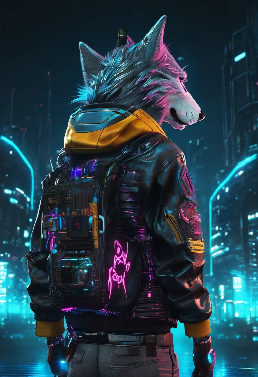 Wolf, cyber punk, cool,Back view,8K.